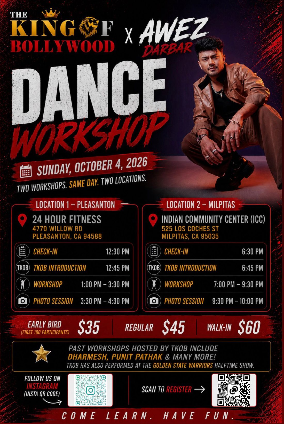The King of Bollywood x Awez Darbar dance workshop flyer — Sunday October 4, 2026. Pleasanton 24 Hour Fitness afternoon and Milpitas ICC evening. Early bird $35, regular $45, walk-in $60.