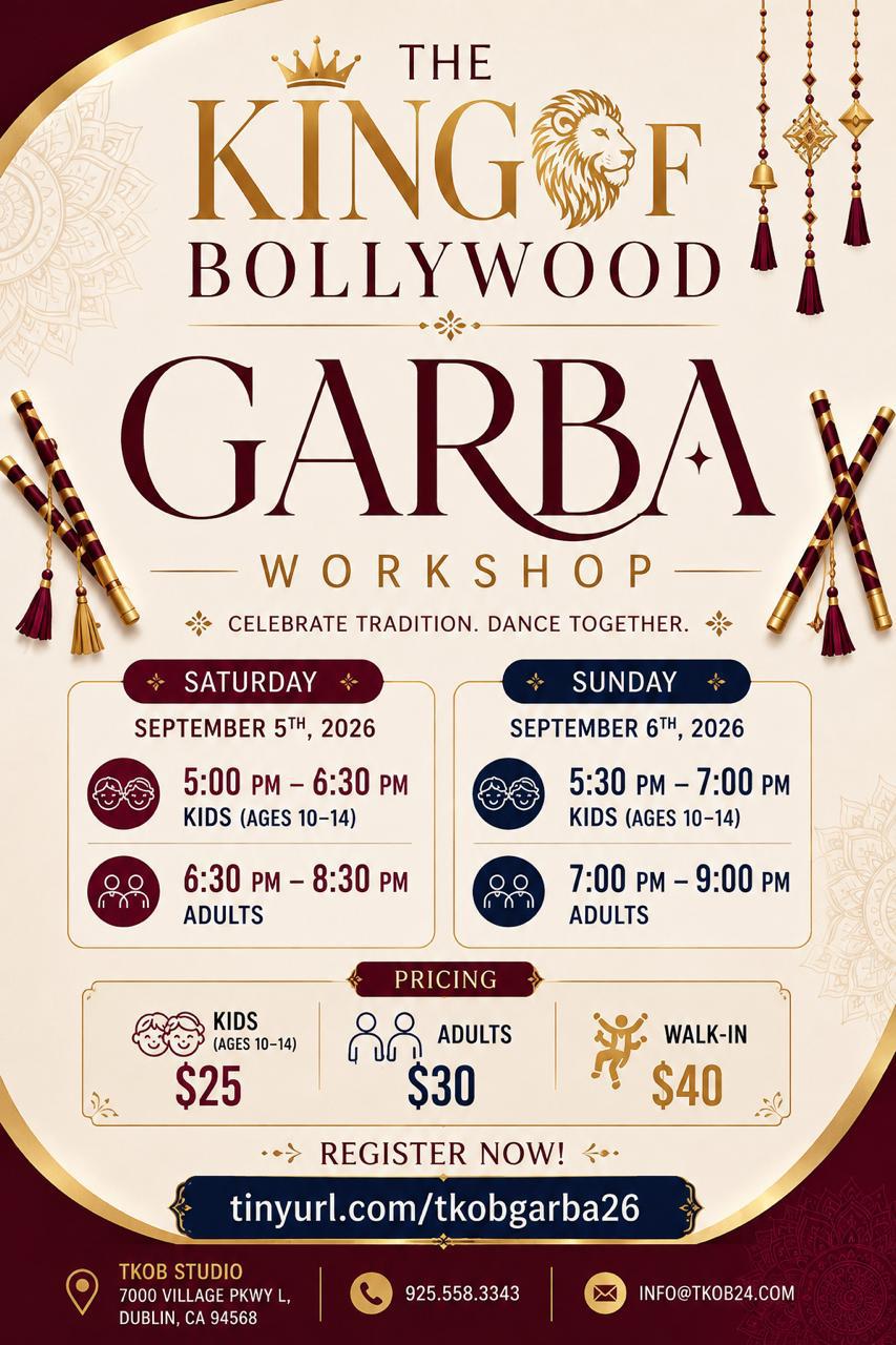 Garba workshop flyer — Saturday September 5 and Sunday September 6, 2026 at TKOB Studio Dublin. Saturday: kids ages 10–14 5:00–6:30 PM, adults 6:30–8:30 PM. Sunday: kids 5:30–7:00 PM, adults 7:00–9:00 PM. Kids $25, adults $30, walk-in $40.