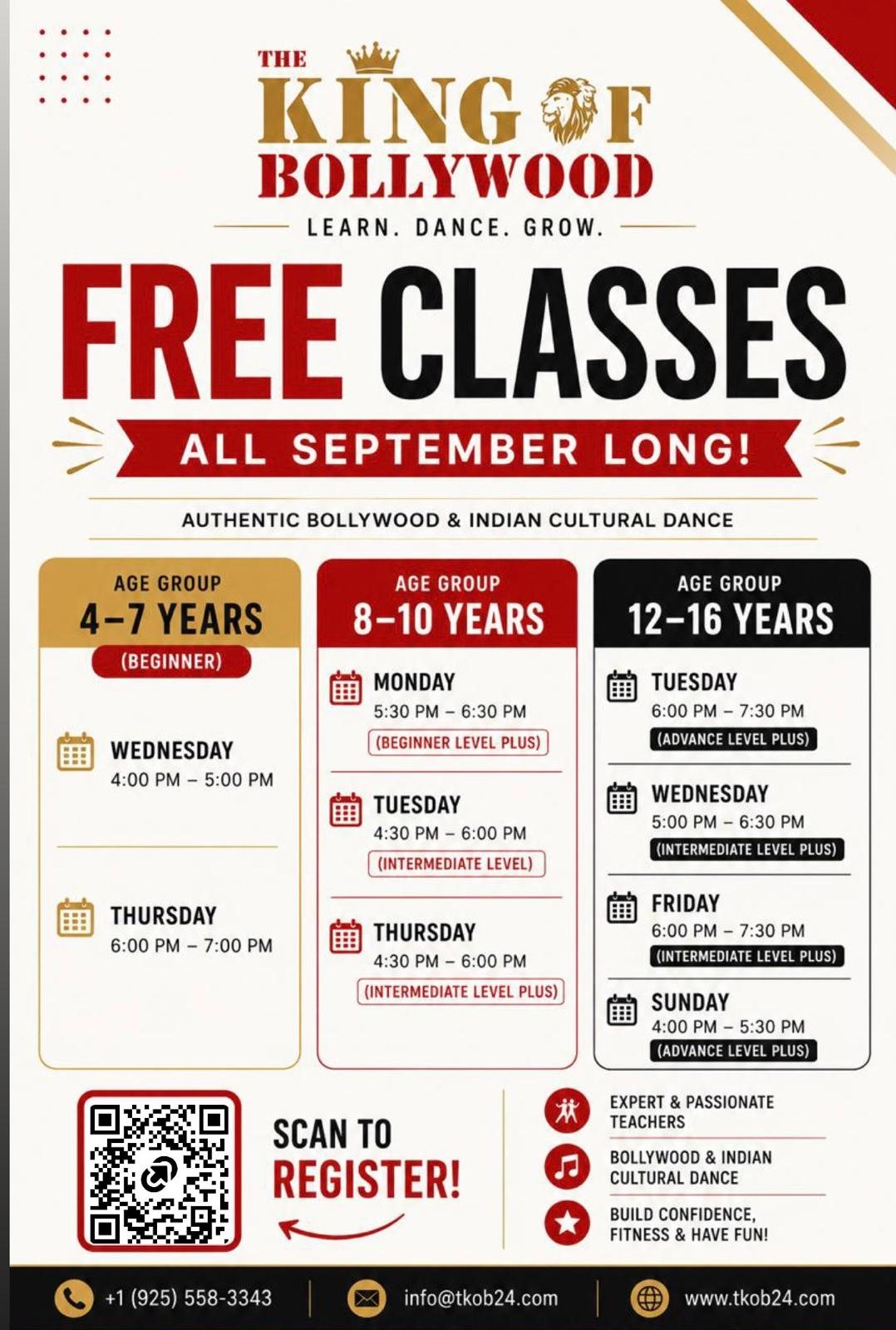 Free classes all September long flyer — ages 4–7, 8–10 and 12–16, with the weekly schedule for each age group.